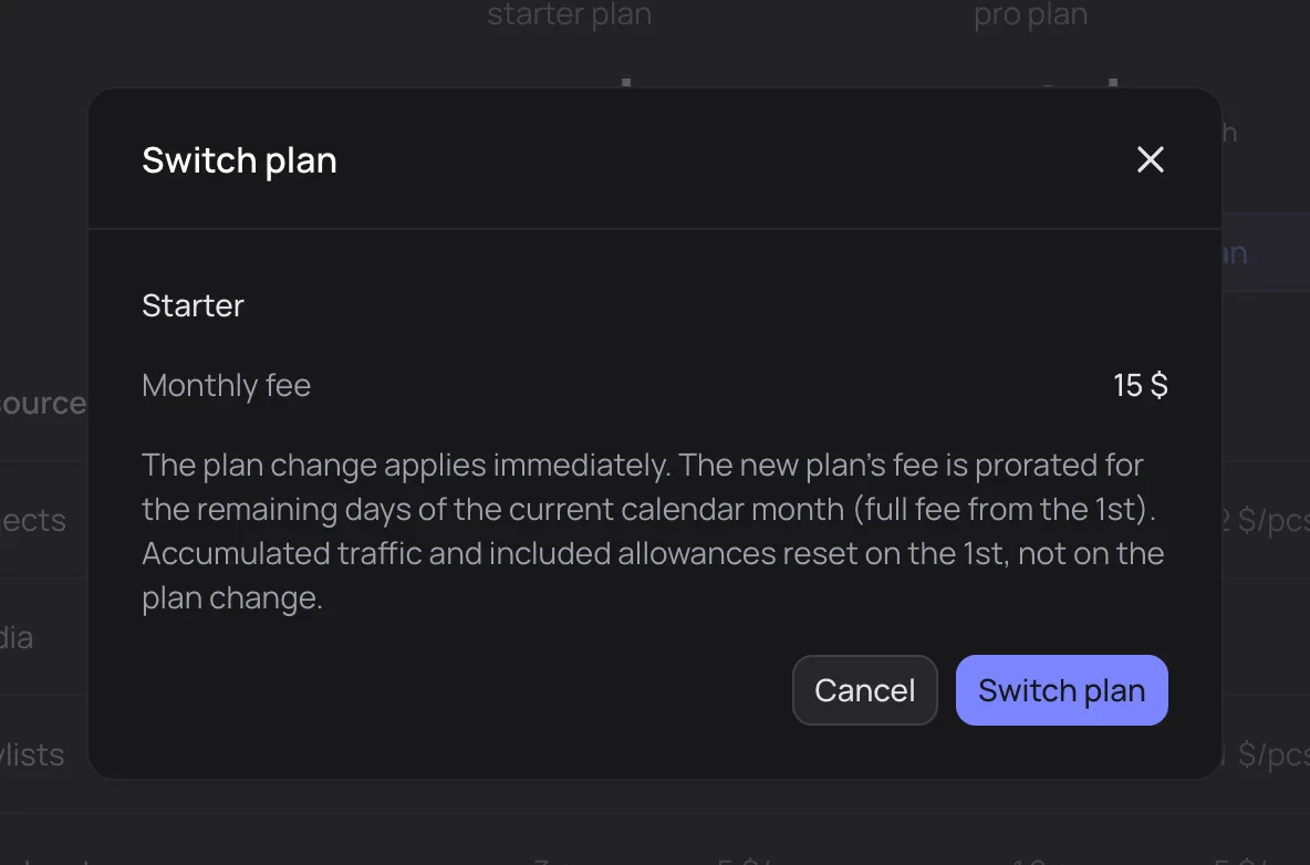 Switch plan dialog