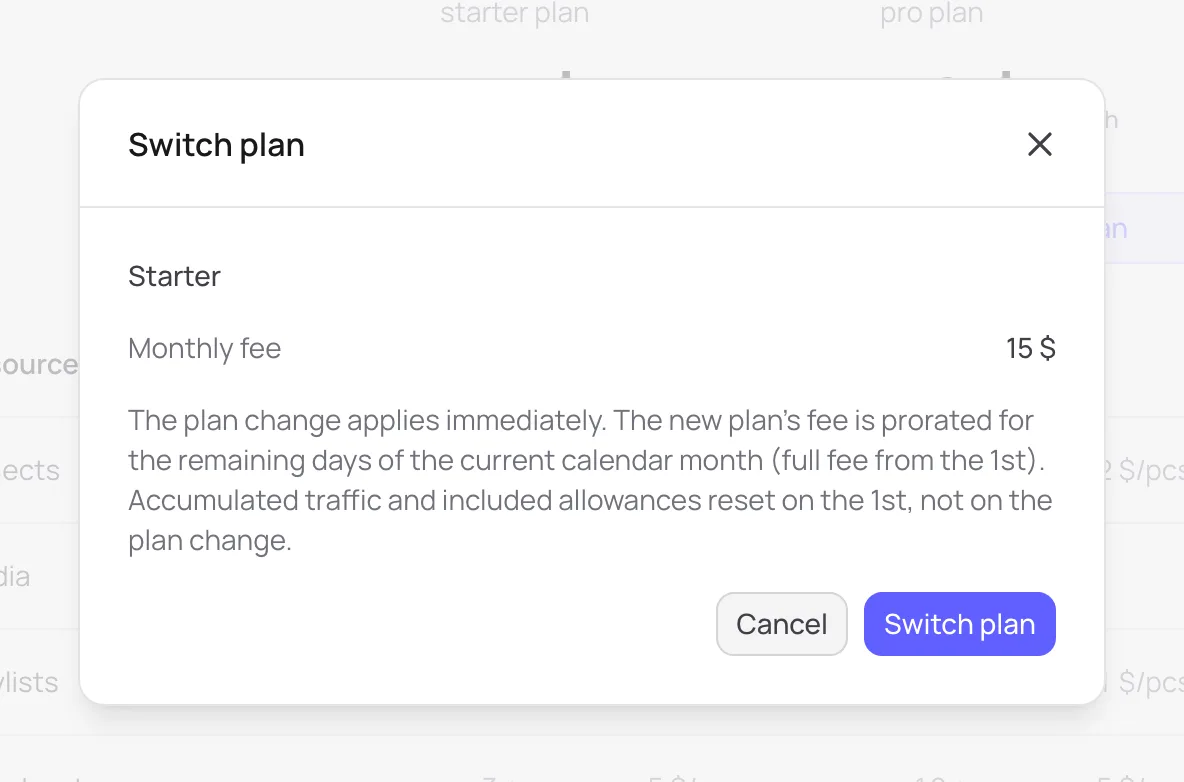 Switch plan dialog