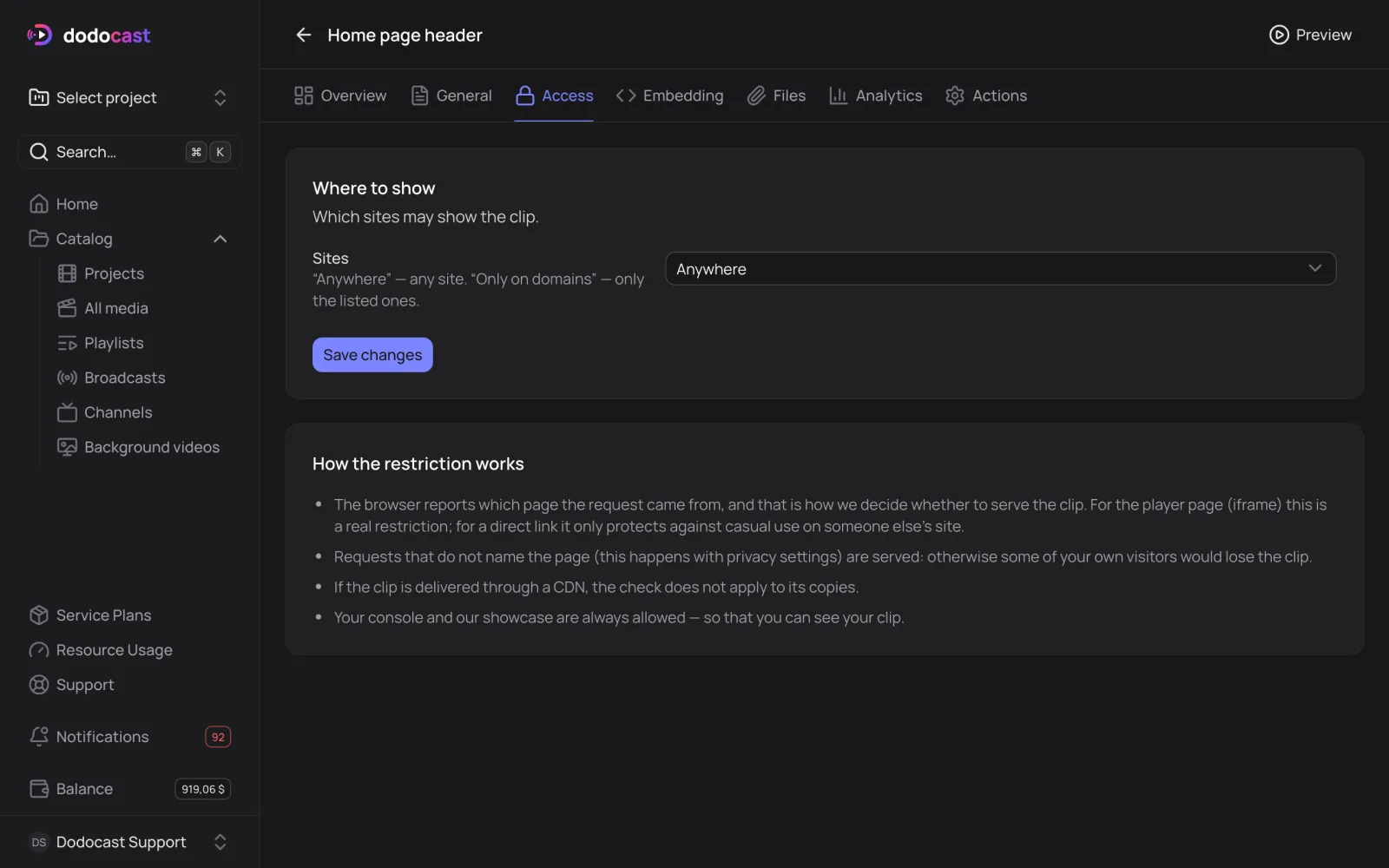 The Access tab