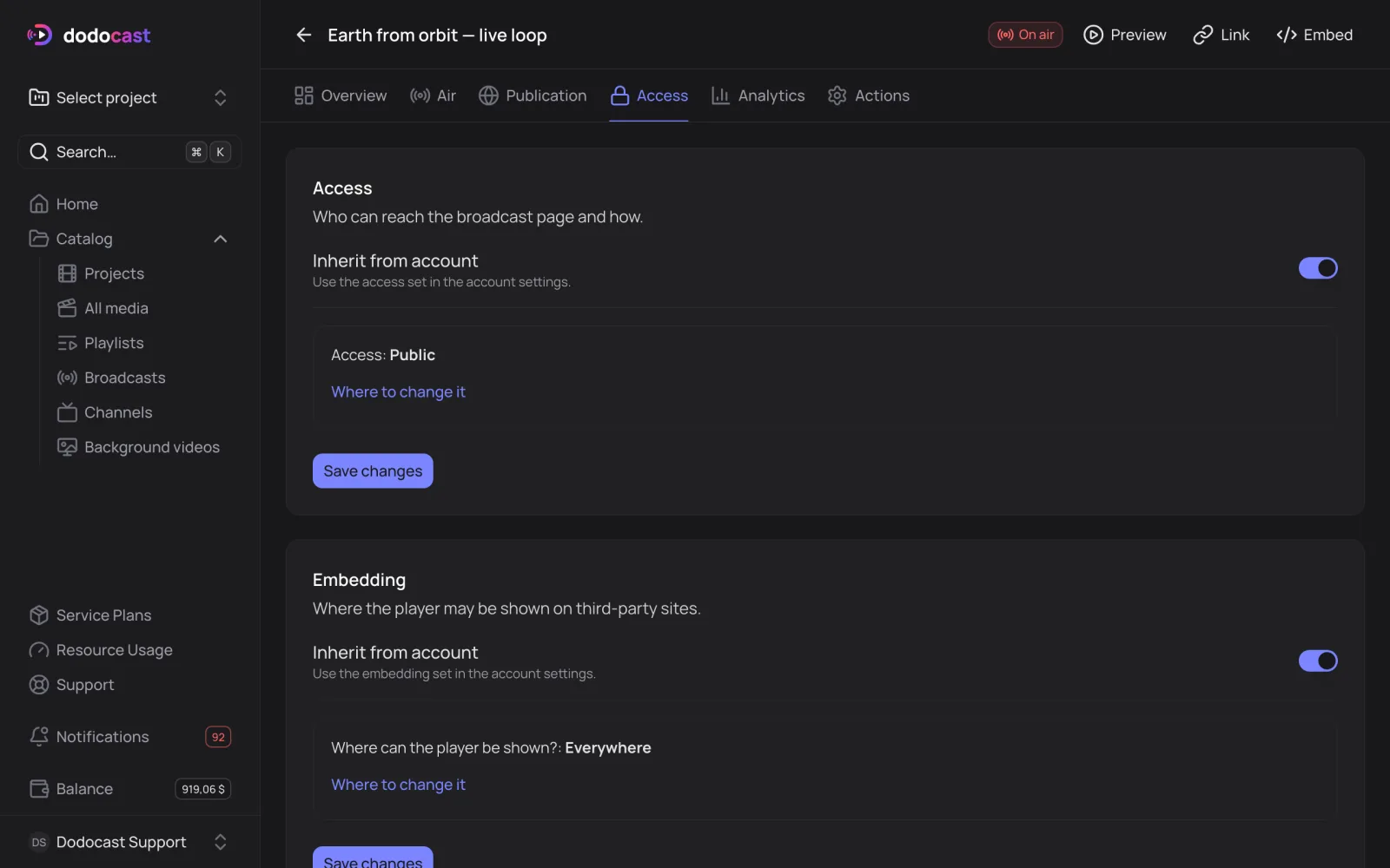 The broadcast Access tab