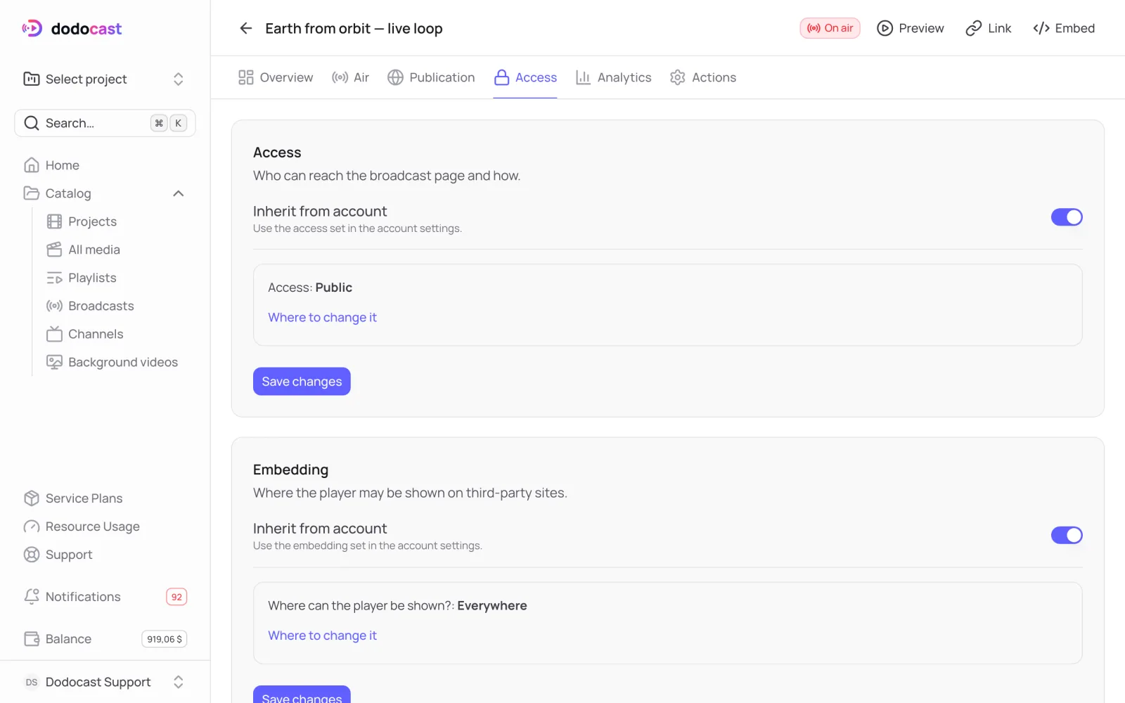 The broadcast Access tab