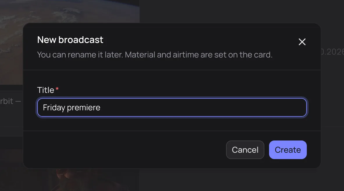 The New broadcast dialog