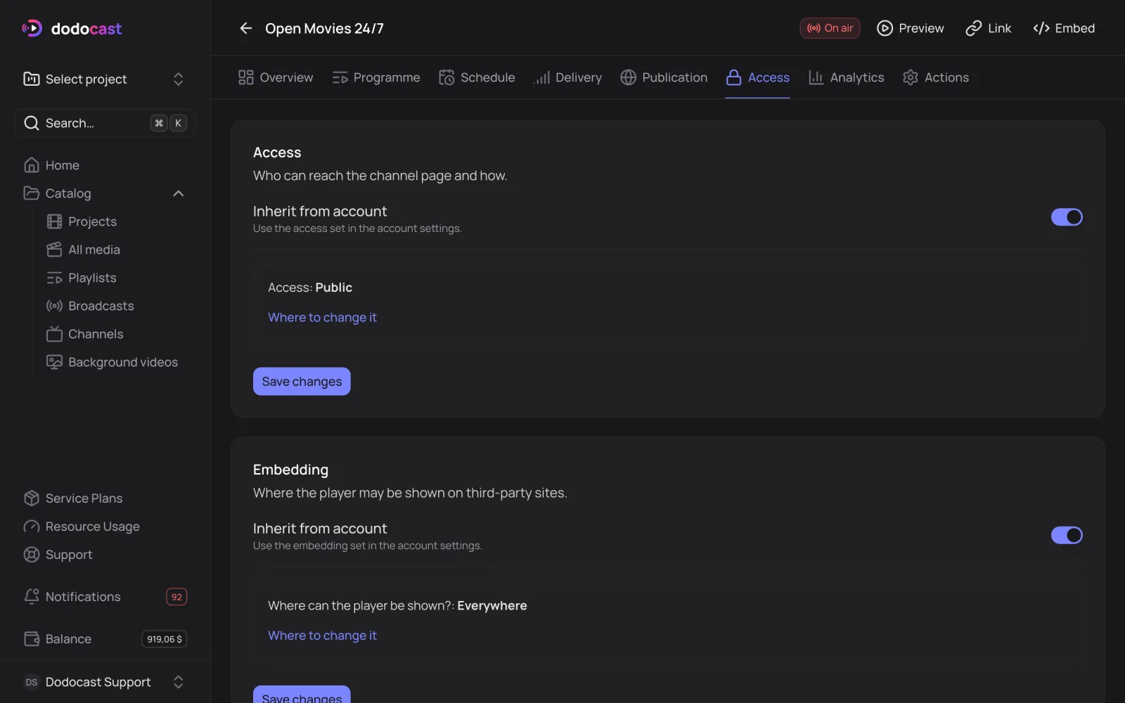 The channel Access tab