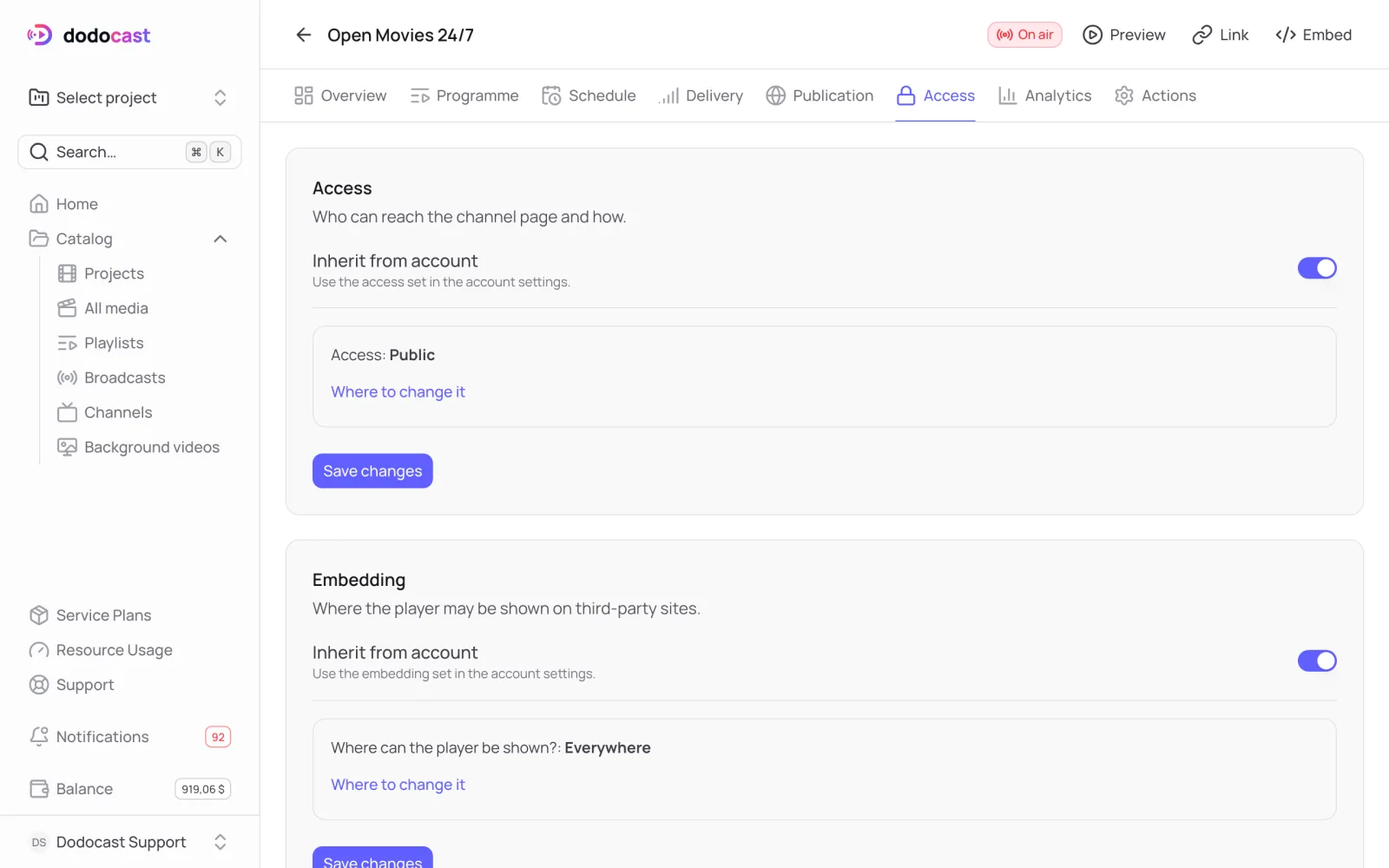 The channel Access tab