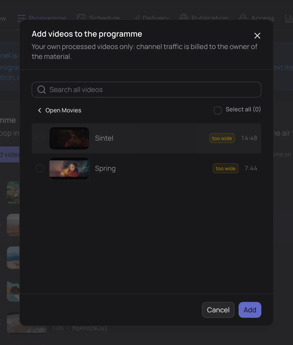 The Add videos to the program dialog