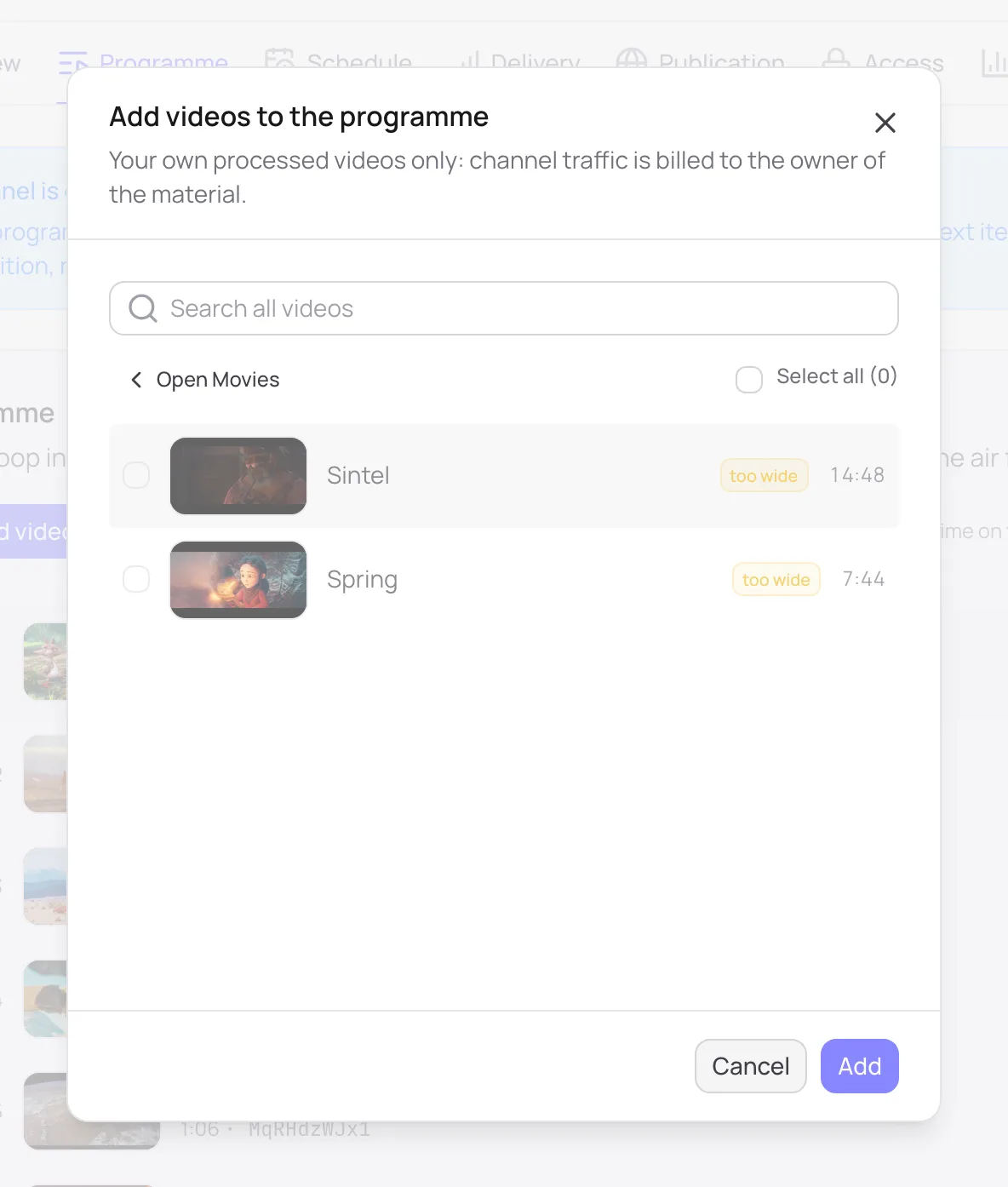 The Add videos to the program dialog