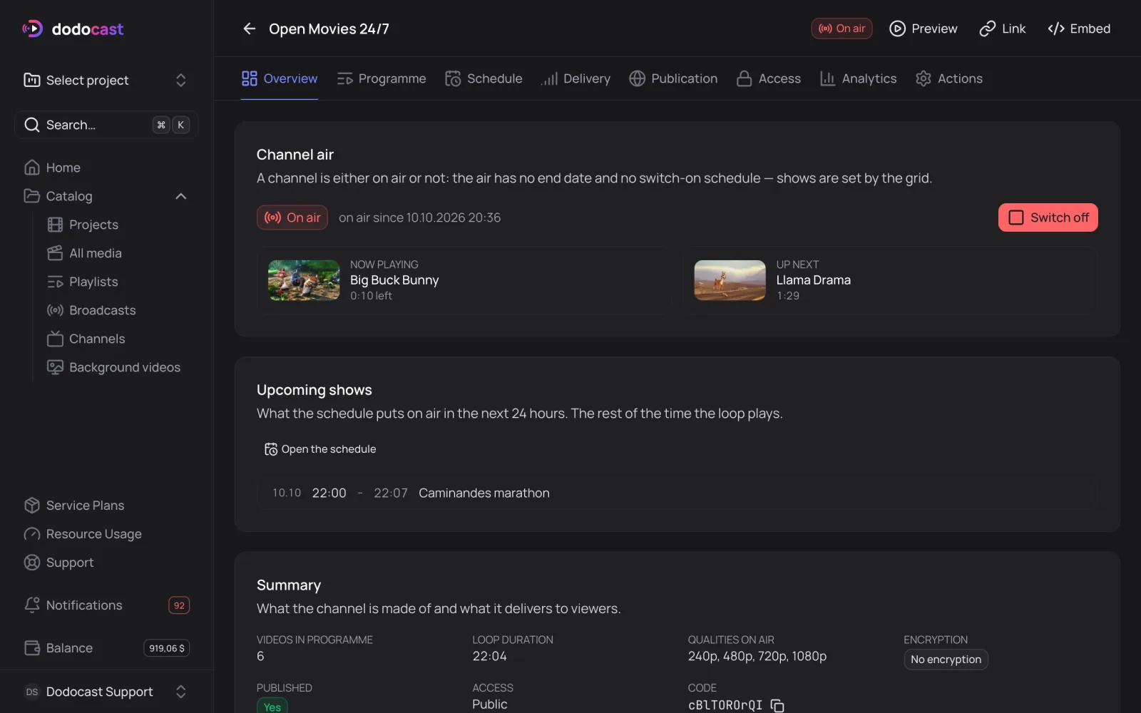 Overview of a channel on air