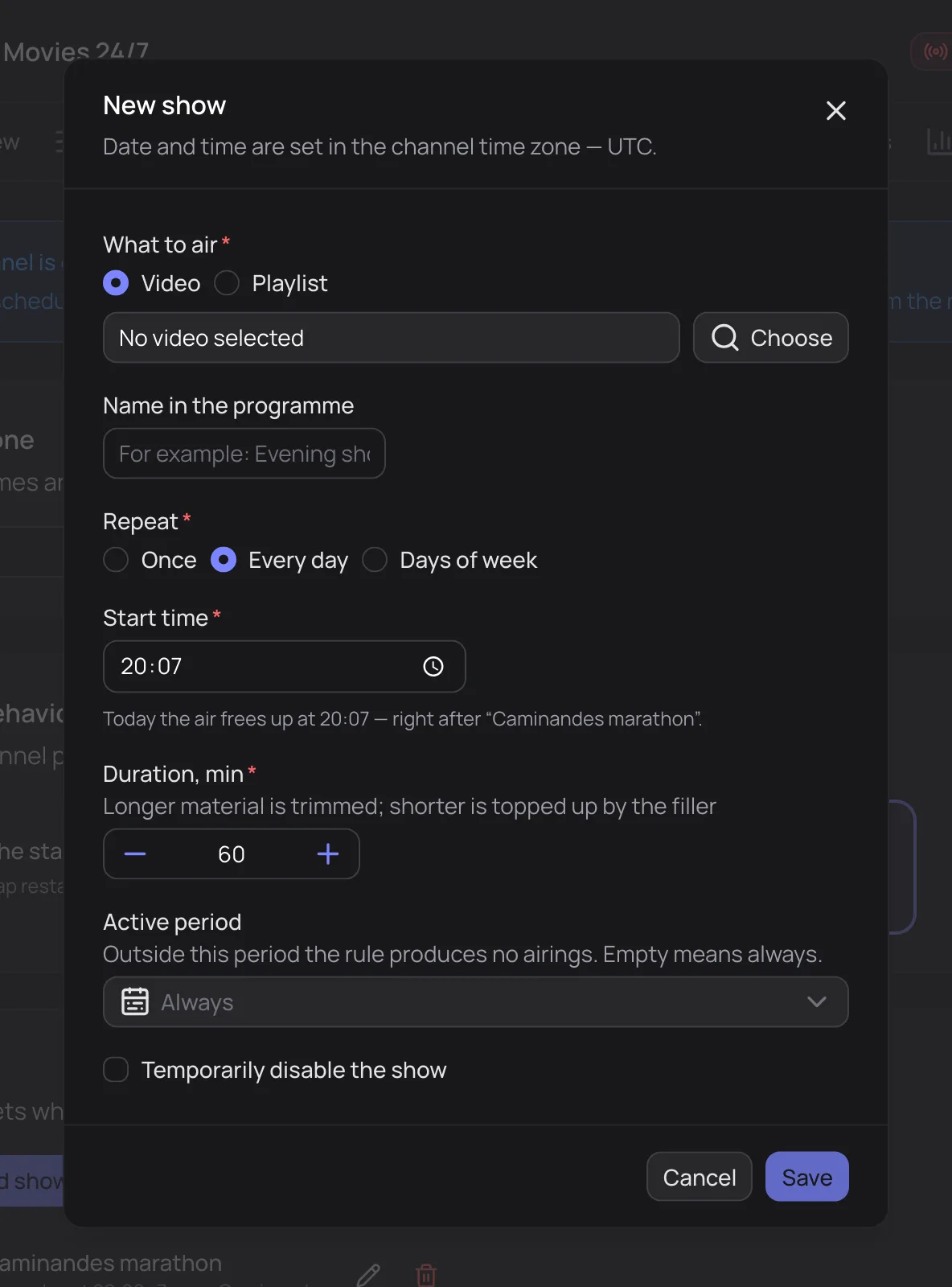 The New show dialog