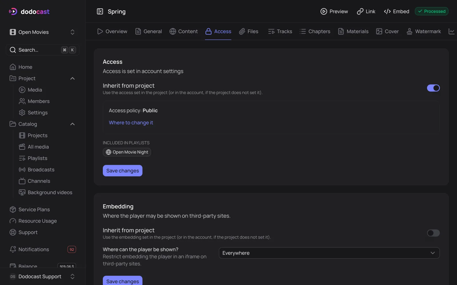 The Embedding block on the Access tab