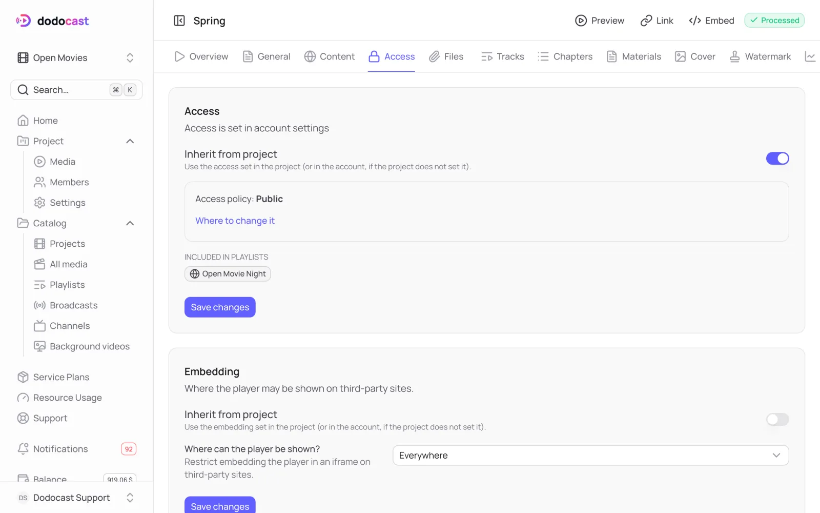 The Embedding block on the Access tab