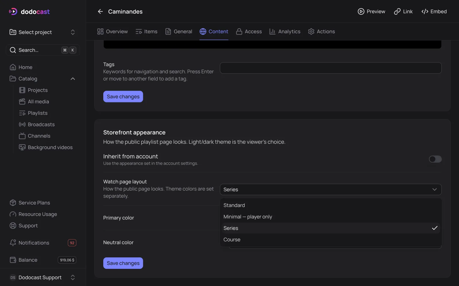 Choosing a playlist's page layout