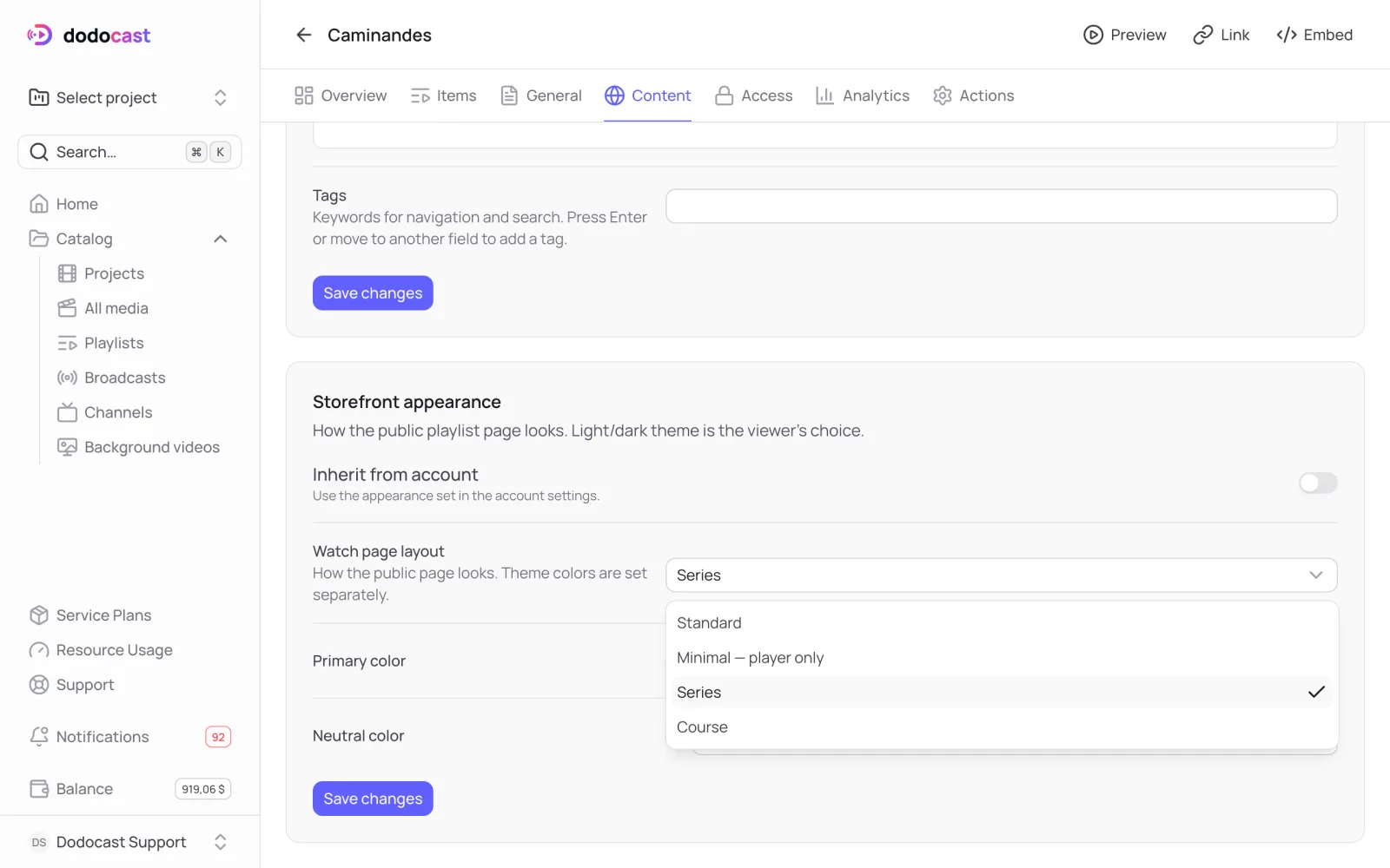Choosing a playlist's page layout