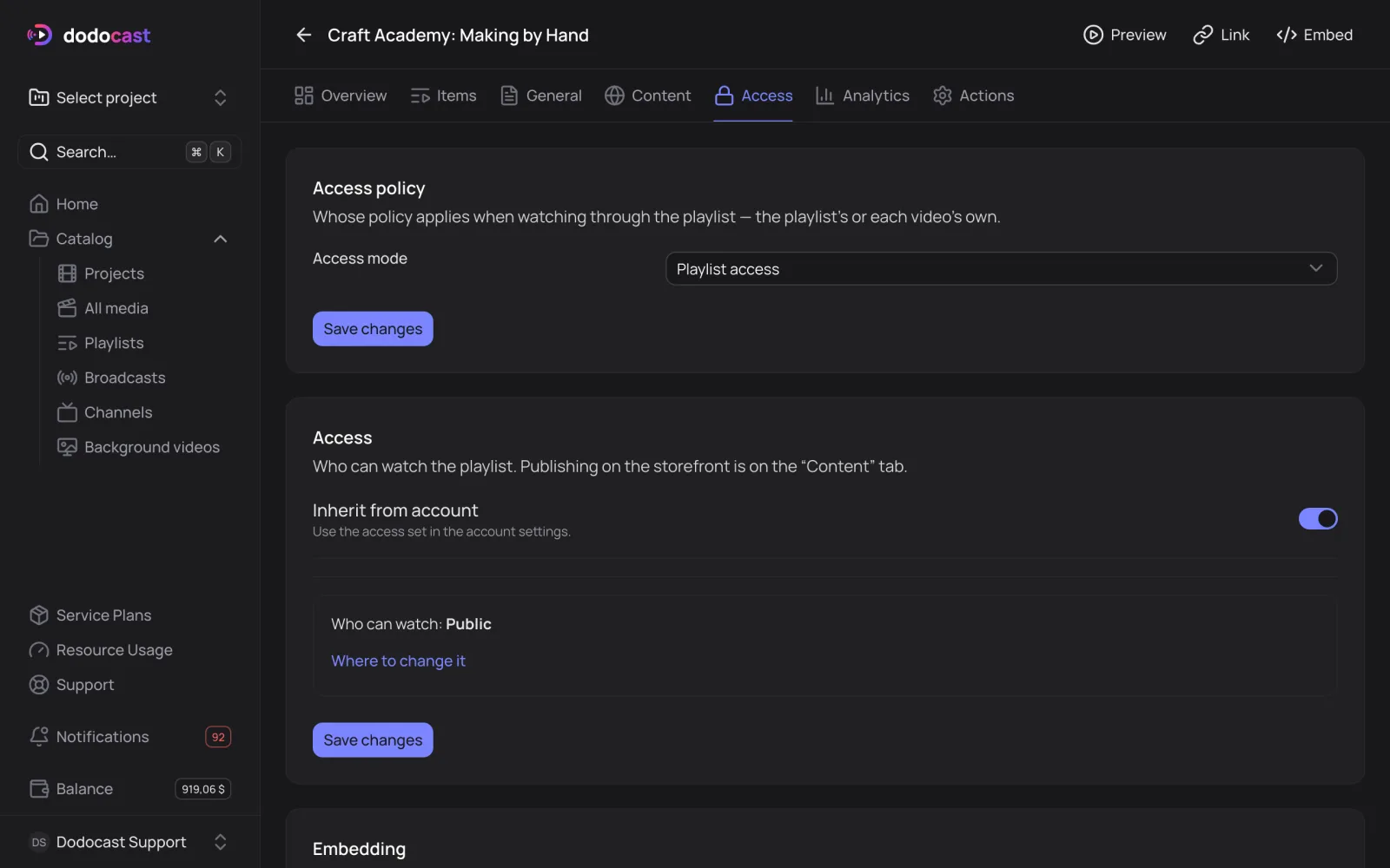 Playlist Access tab