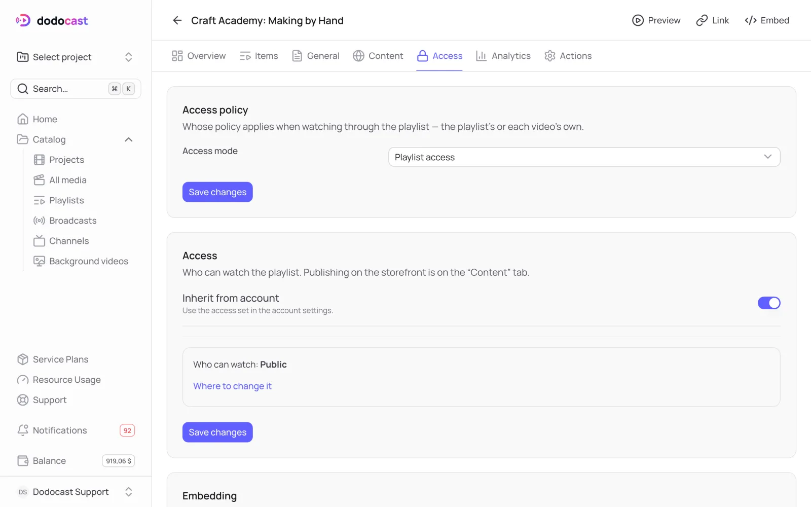 Playlist Access tab
