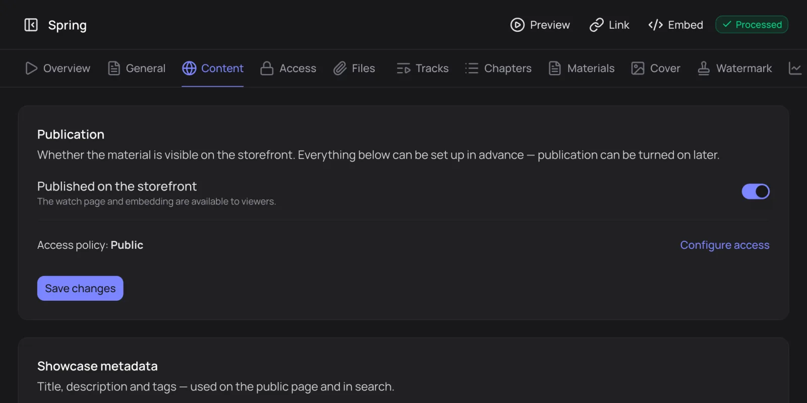 The Content tab: publishing and access
