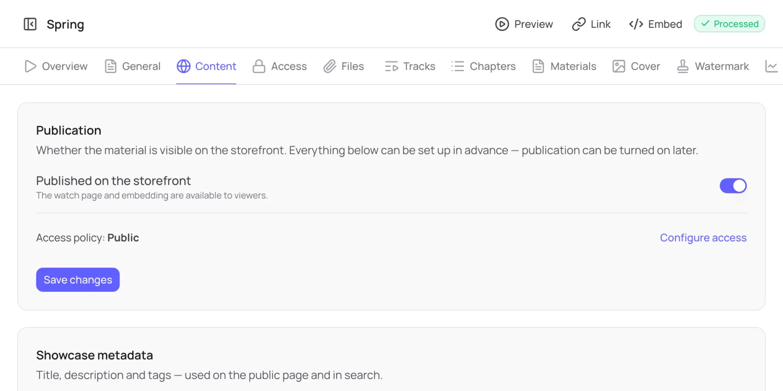 The Content tab: publishing and access