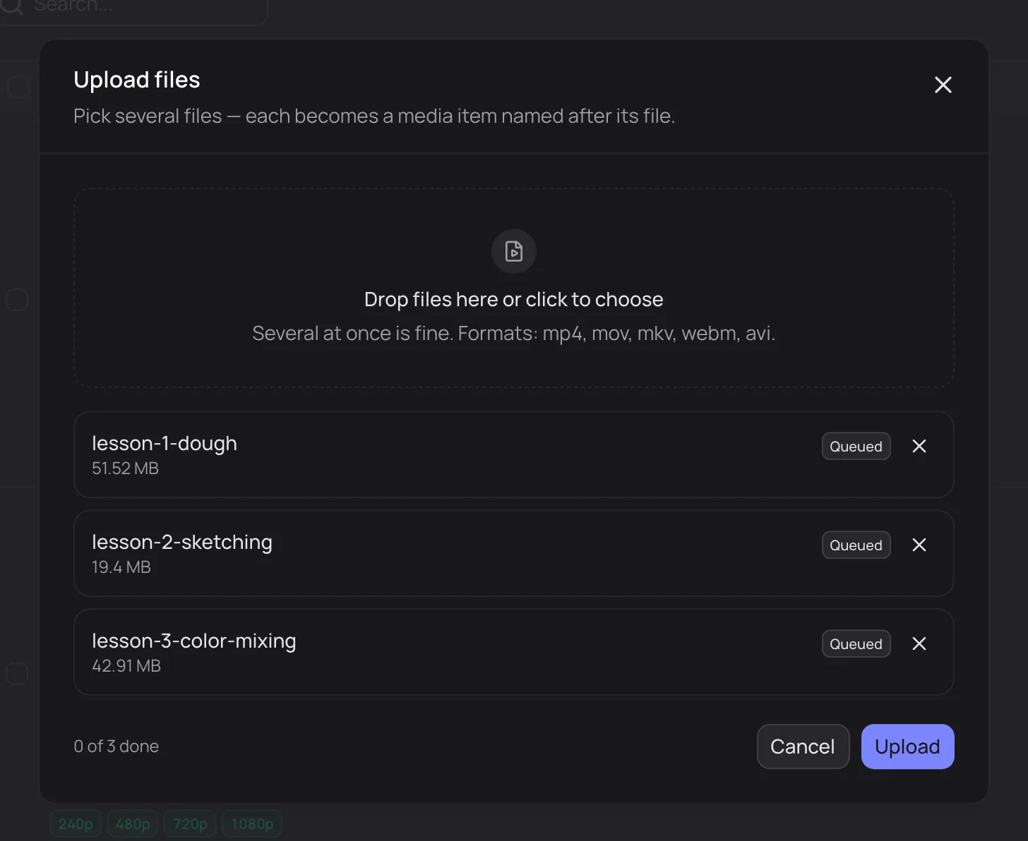 The Upload files dialog with three videos