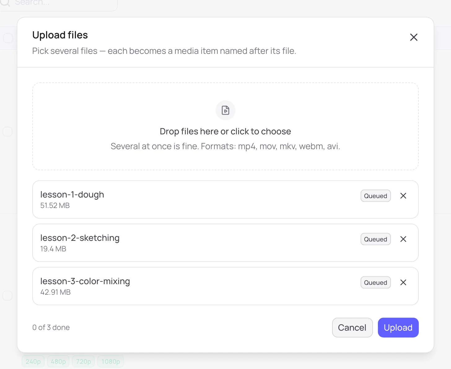 The Upload files dialog with three videos