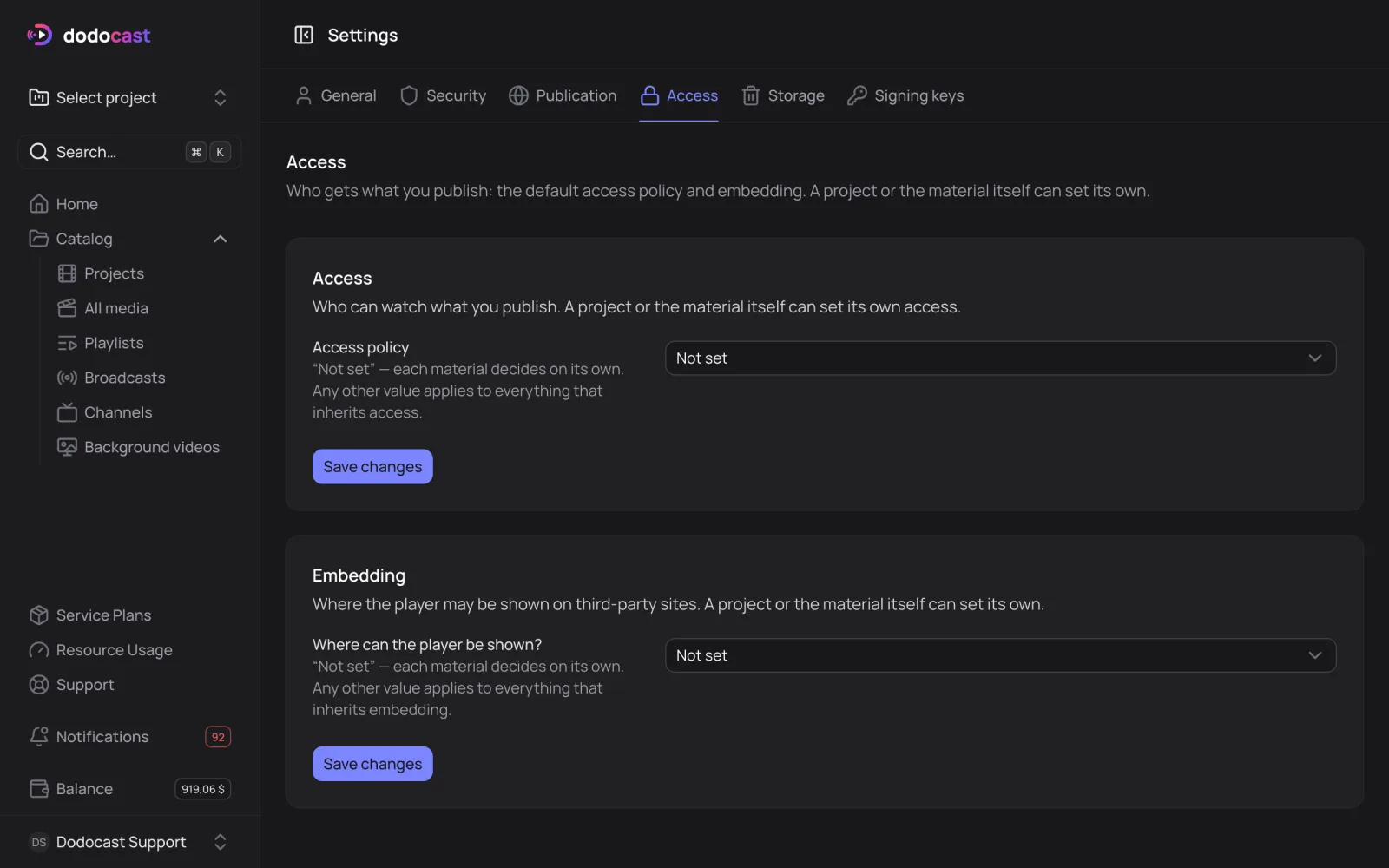 Default access in account settings