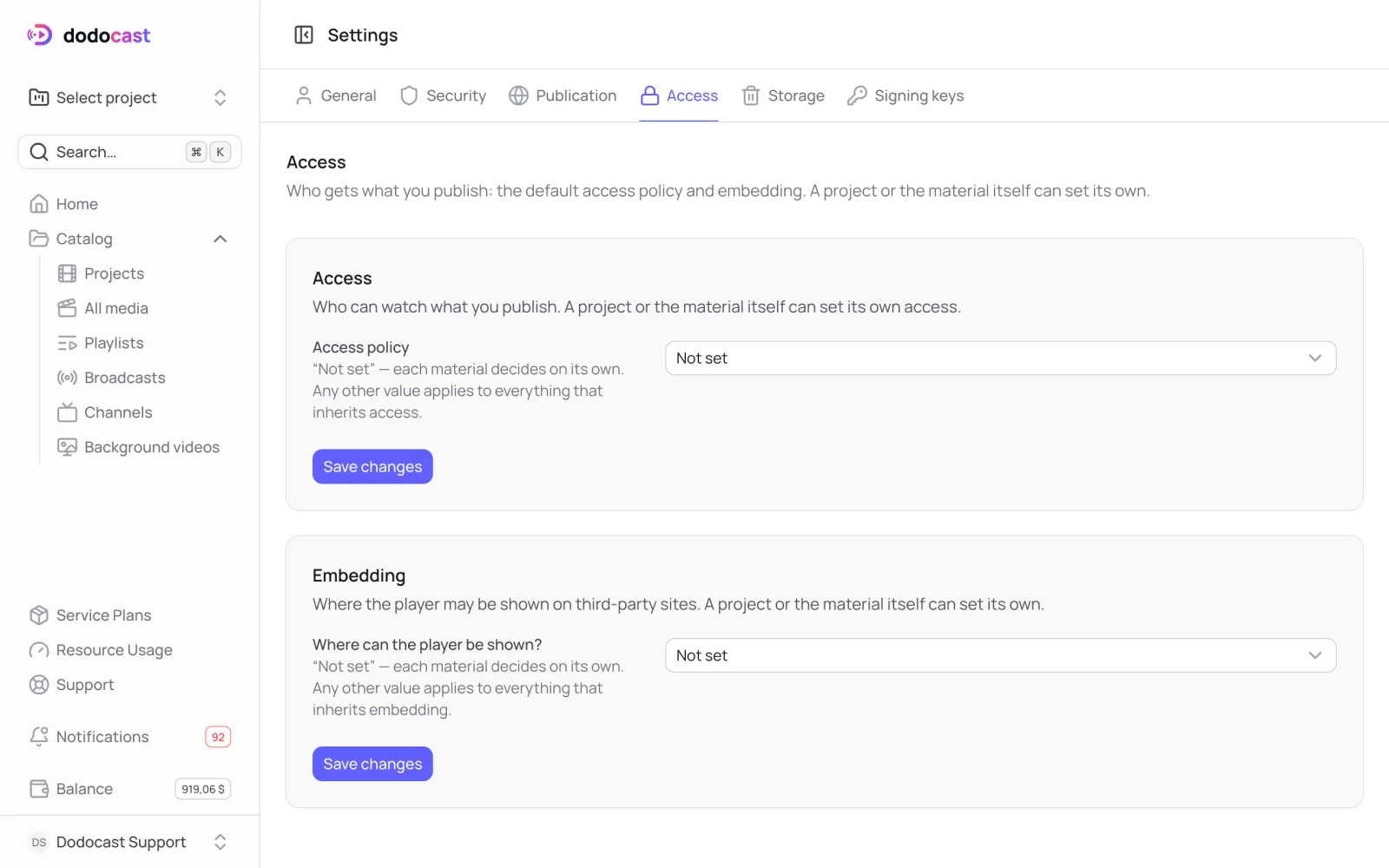 Default access in account settings