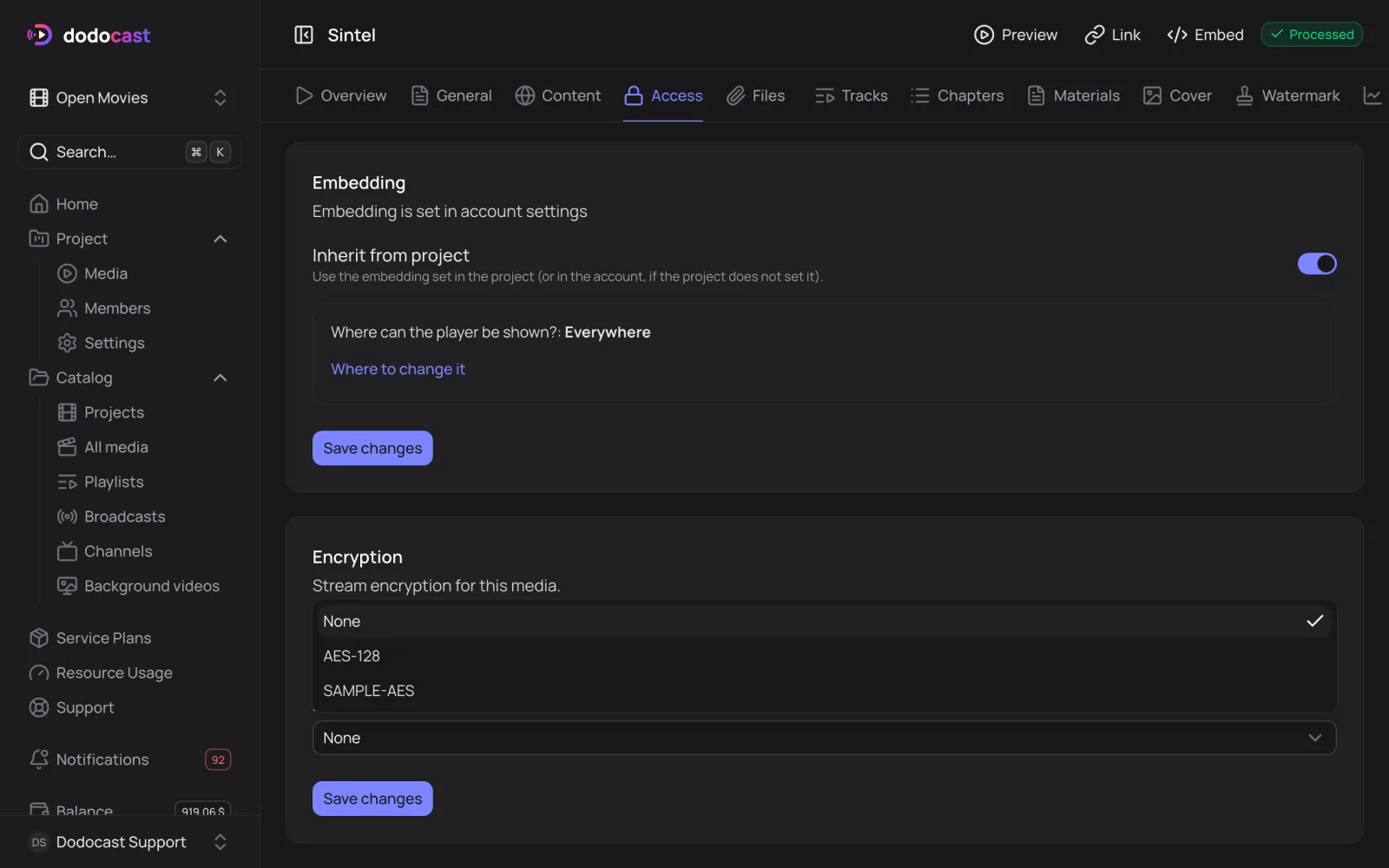 Encryption on the Access tab