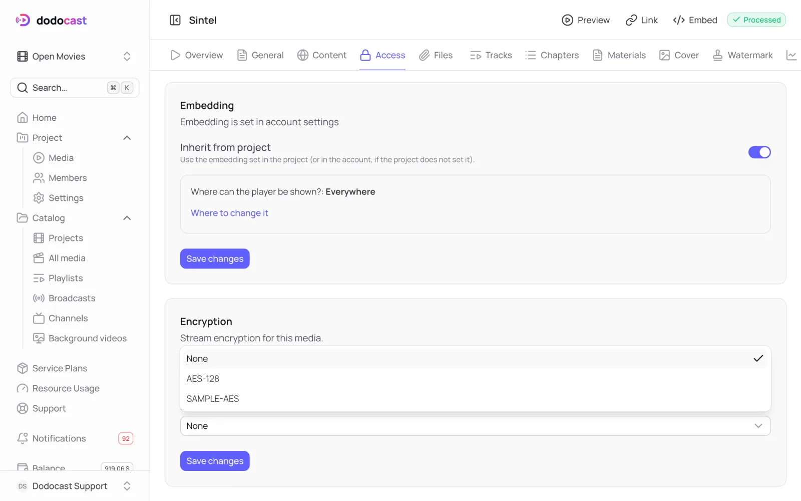 Encryption on the Access tab