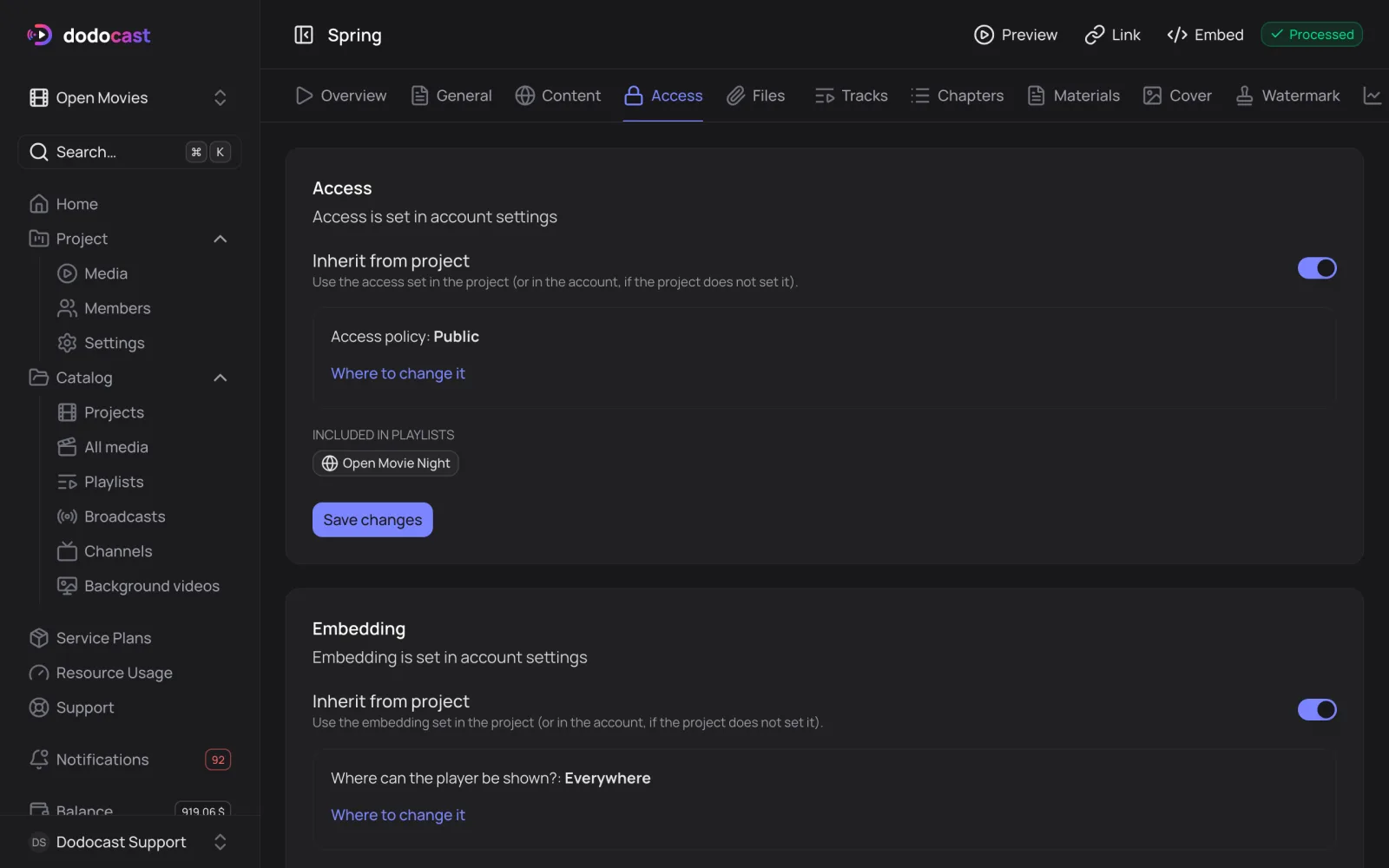 A video's Access tab
