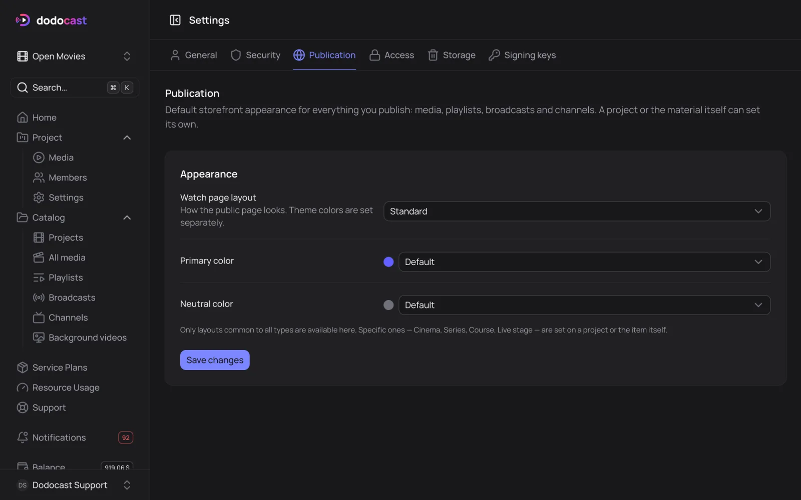 Publication in account settings