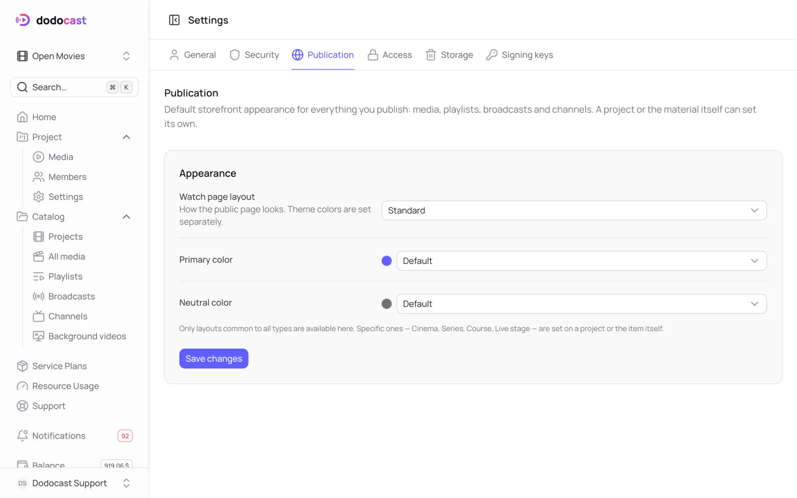 Publication in account settings