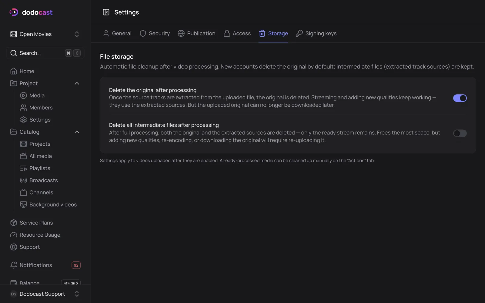 Storage in account settings