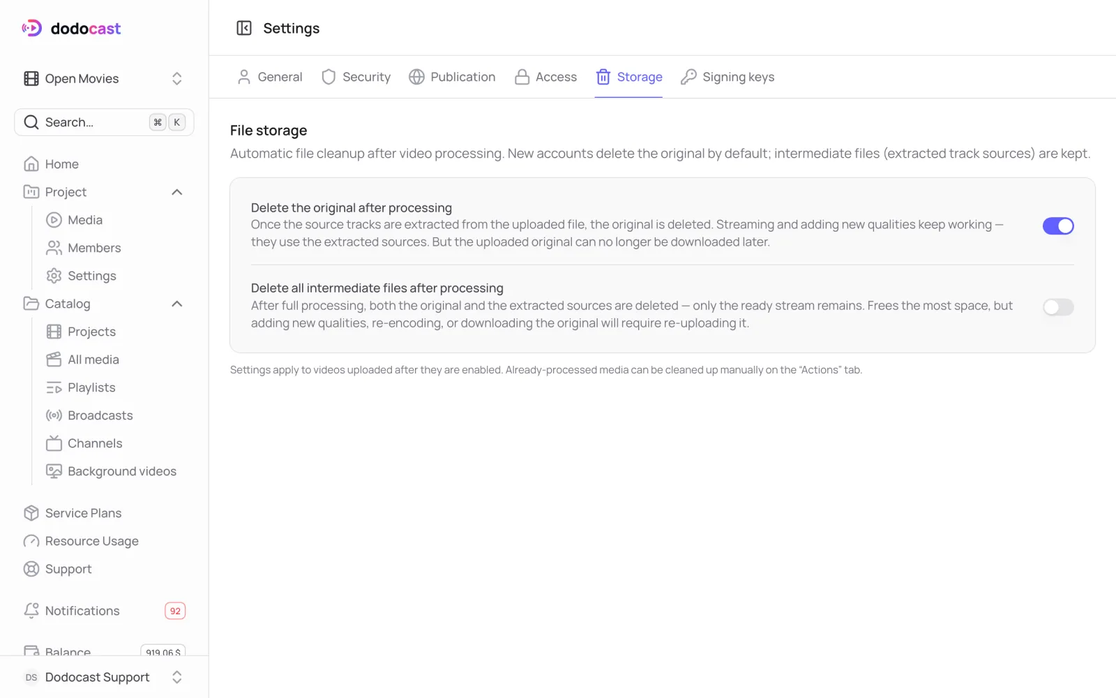 Storage in account settings